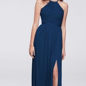 David's Bridal open back lace and mesh bridesmaids dress